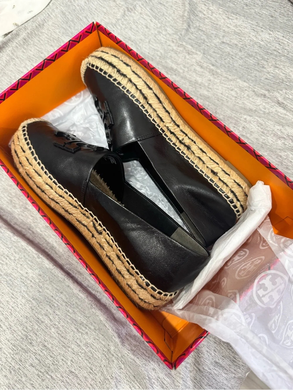 Tory Burch Black Leather Espadrille with Logo